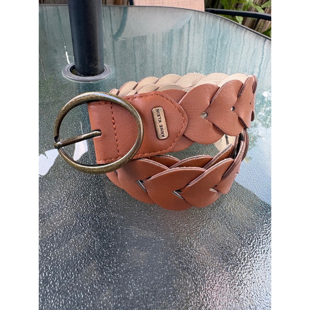 Anne Klein Women Cognac Brown Braided Scallop Belt Antique Brass Buckle Wide 37"